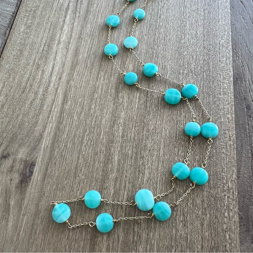 J.CREW • Long Gold Turquoise Colour Stone Chain Necklace